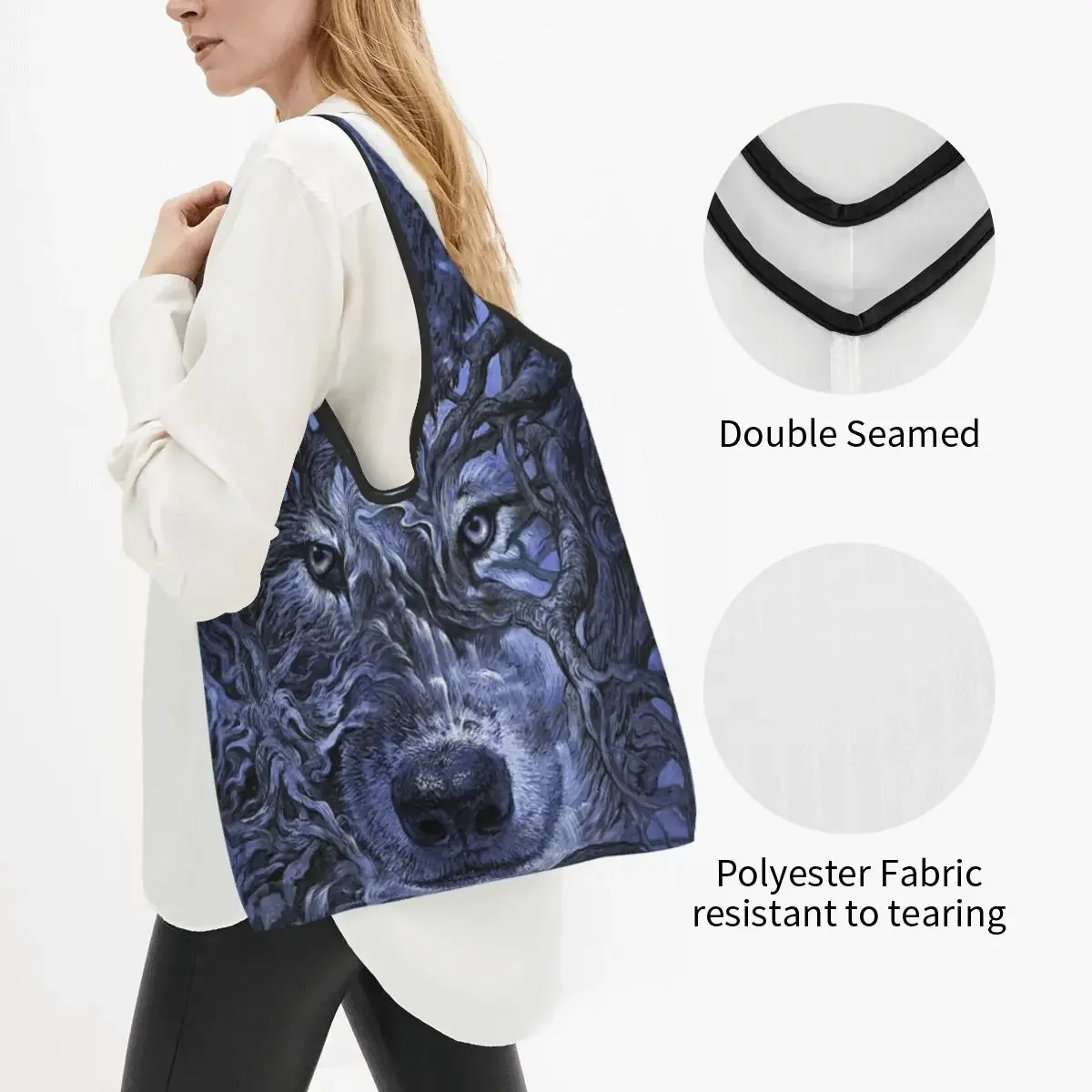 Bolso de mano con estampado de Lobo y árbol, bolsa de hombro portátil, Animal