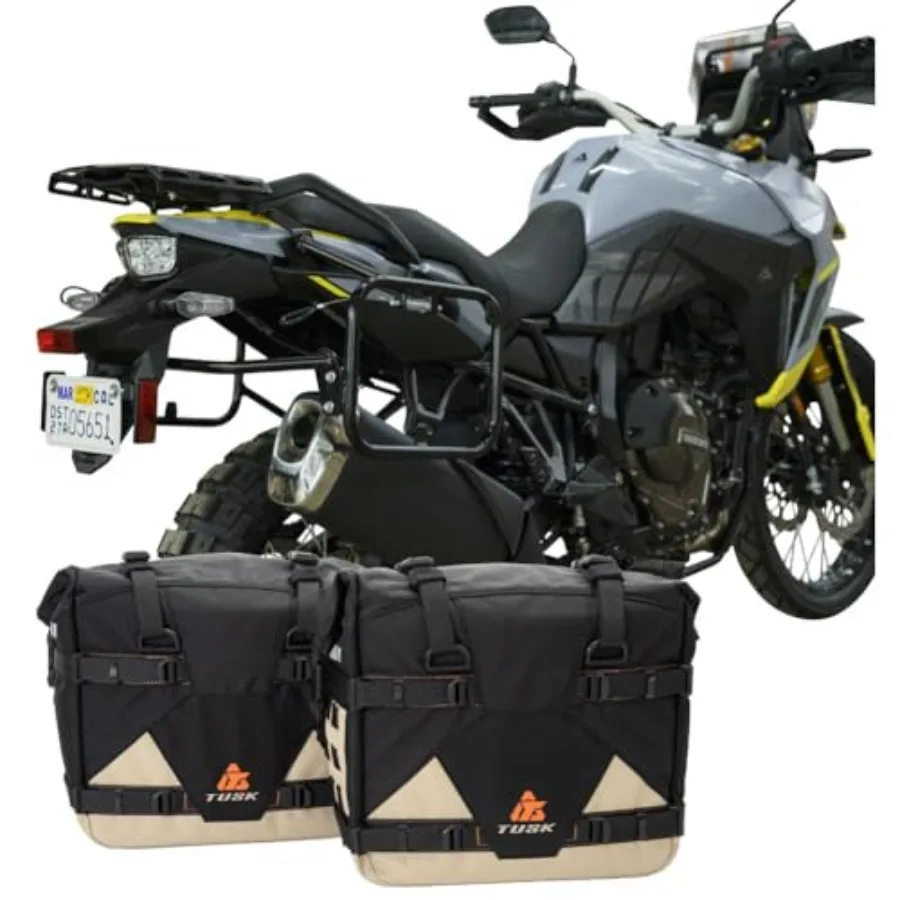 Pannier Racks Pilot Pannier Bags for Suzuki V-Strom 800 2024: Black/Tan durable polyester with quick-release mounting and weath