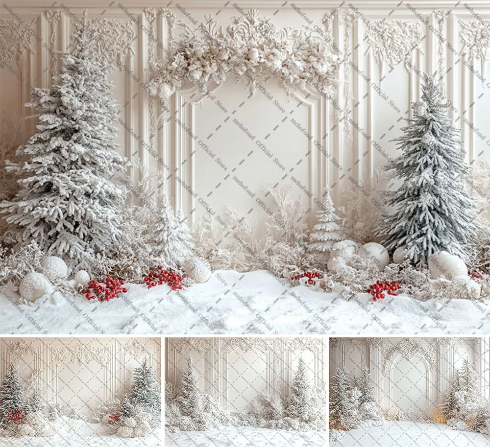 Mehofond Fotografie Hintergrund Winter Weihnachten Weiß Panel Wand Schnee Kiefer Kinder Familie Porträt Dekor Hintergrund Foto Studi