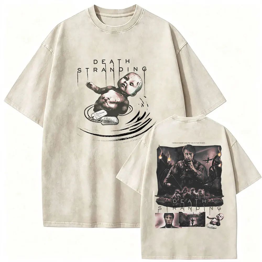 Vintage Washed Death Stranding 2 Game Graphic T Shirt Men's Gothic Fashion Short Sleeve T-shirt Casual Cotton Tshirts Streetwear