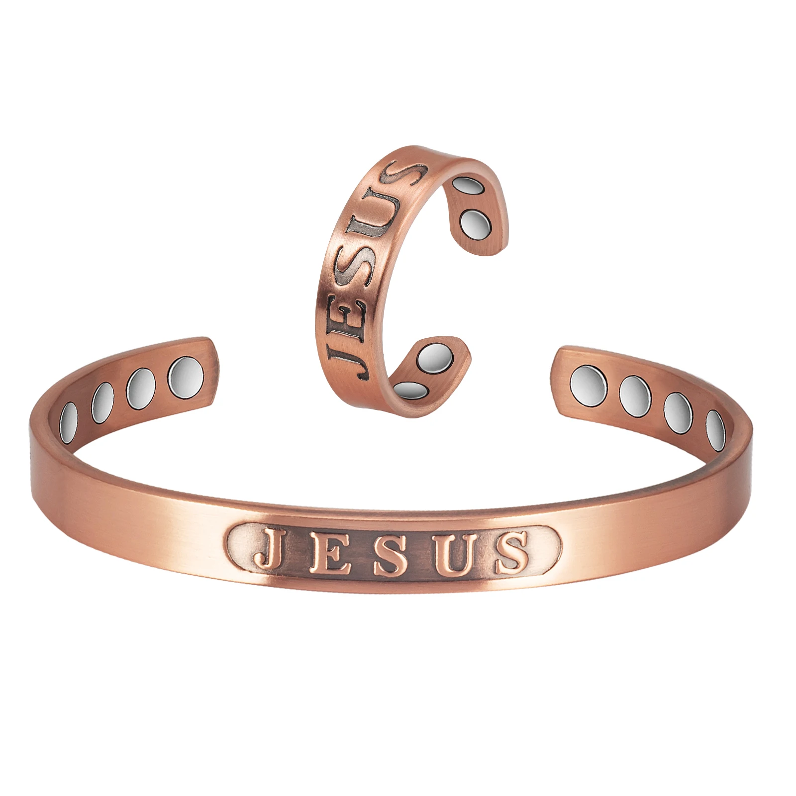 

Wollet 99.99% Pure Copper Magnetic Combination Bracelet and Ring Represent Good Blessings of Jesus Christ Christian Cross Gift