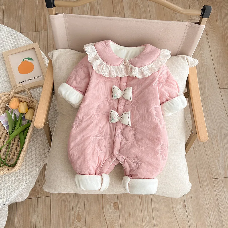 Baby Cotton Clothes Autumn and Winter Clothes Thin Cotton-padded Princess Style Super Cute Bow Romper Velvet Baby Girl Onesie