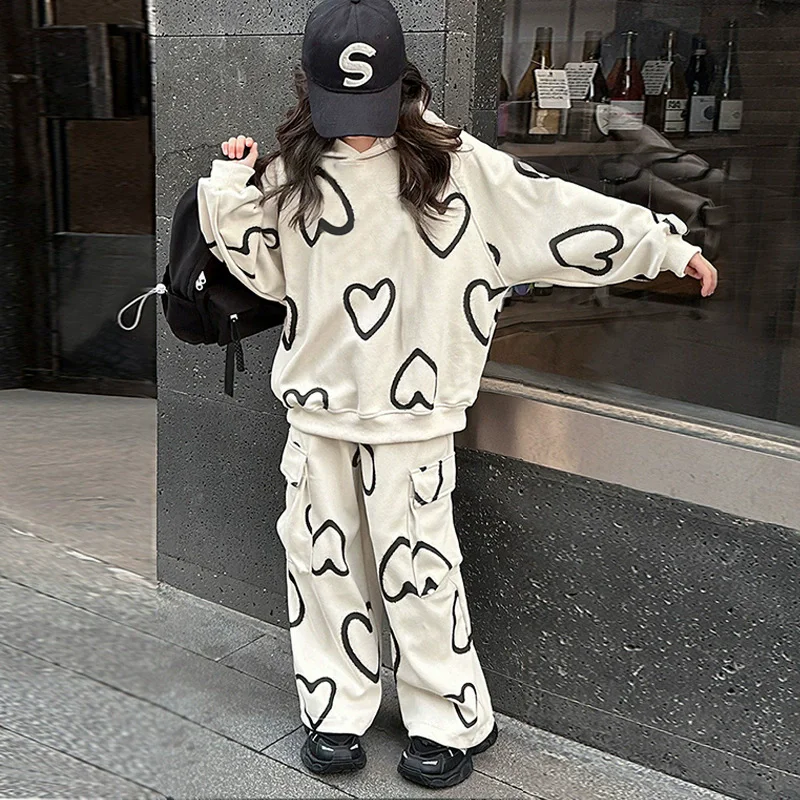 Spring Fall School Girls Sport Suit Printed Hooded Sweatshirt+Sport Pants 2pcs Teen Kids Clothes Set Children Tracksuit outfit