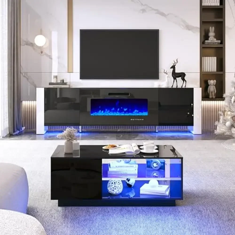 Glossy TV Stand with Electric Fireplace & LED Lights Coffee Table Set Living Room Decor