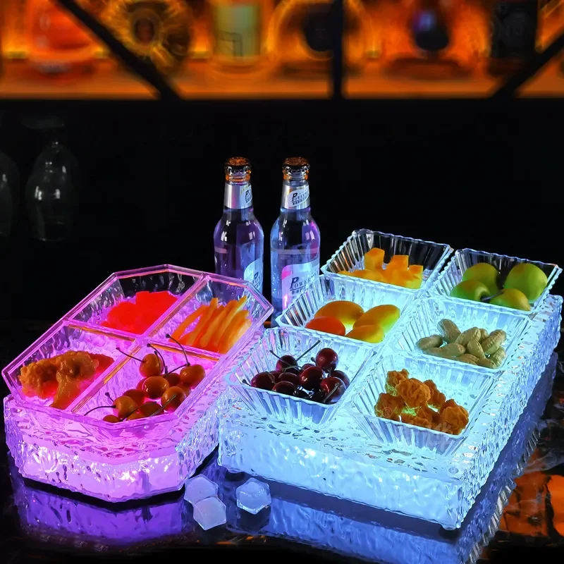 LED Illuminated Snack Platter Stand - Shatterproof PC Ice Textured Fruit Tray & 4-Compartment Dish for Bar & KTV