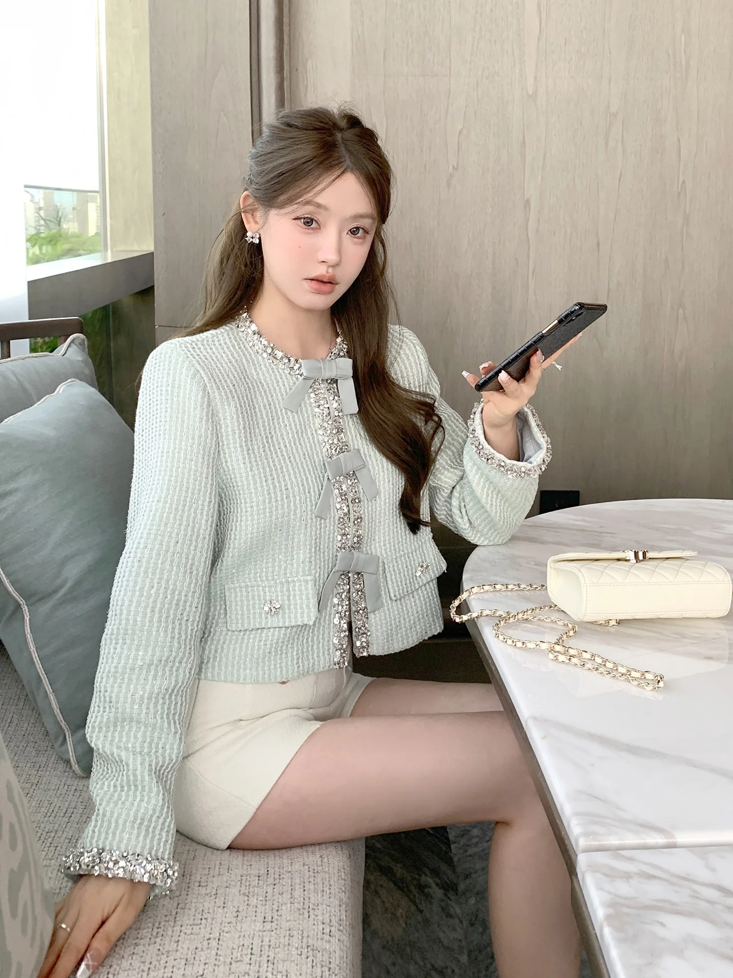 

FanyFloss Knot iny Tead Thi твидовое пальто женское модное верхнее пальто с высокой талией для поездок на работу