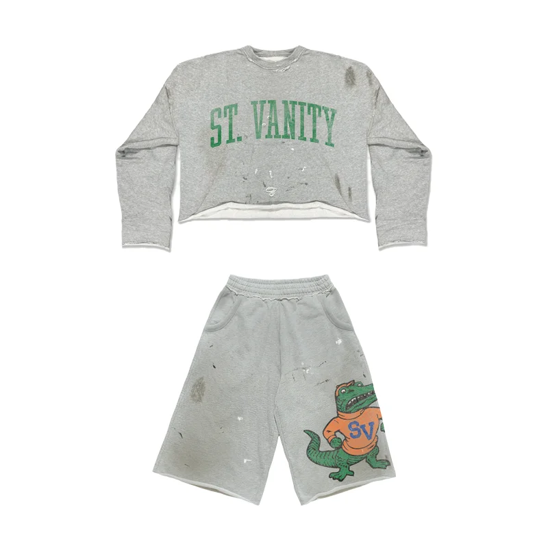 

Y2K Alligator Grey T Shirt Set Vintage American Letter Printed Unisex Long Sleeve Tops High Street Loose Men Women Casual Shorts
