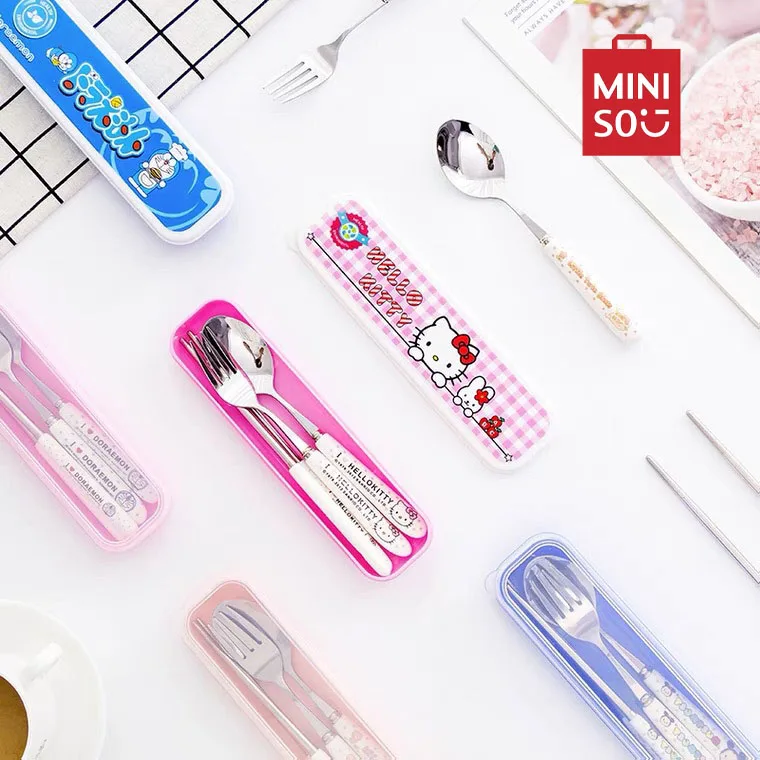 Sanrio Anime Holler Kitty Spoon Fork Chopsticks Set Kuromi Melody Kawaii Figure Travel Tableware Kitchenware Set Kids Toys Gift