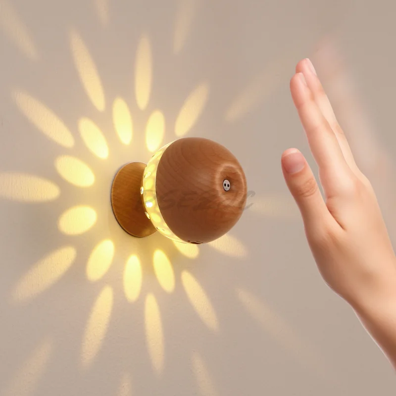 Intelligent Hand Scan Sensor Light USB Charging Magnetic Wireless Dimming Solid Wood Wall Light Small Night Light