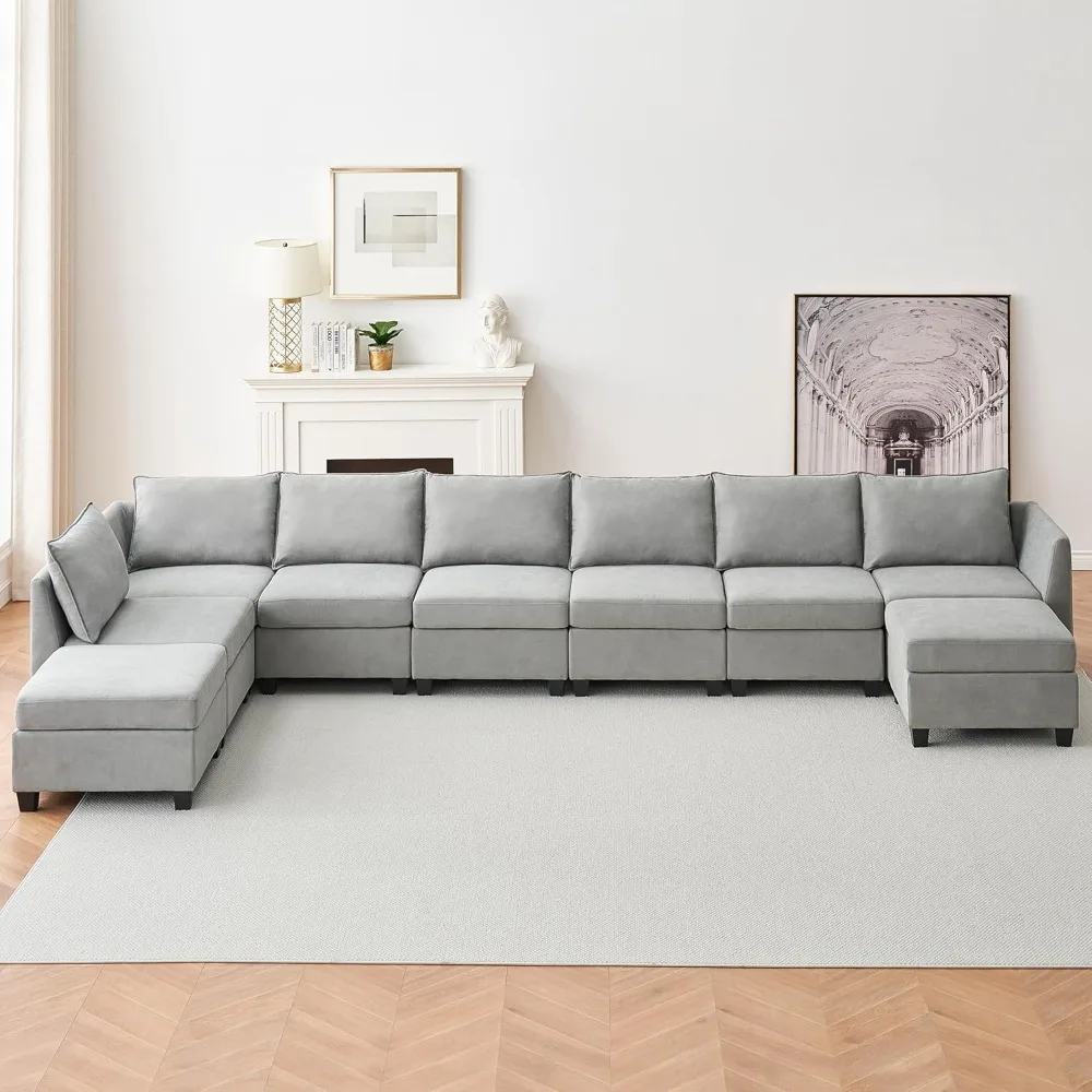 163'' Sectional Sofa with Storage Seats,9 Seat Convertible U Shaped Sofa with Large Reversible Chaise, Linen Fabric Modular