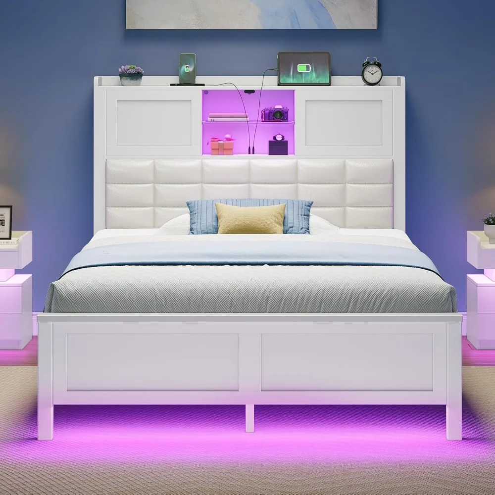

Bed Frame Twin Size with Charging Station, Bookcase Headboard Bed with LED Light and Sliding Doors, Platform Bed with