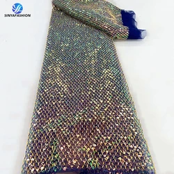 Sinya Royal Blue Shining 3D Sequins African French Mesh Embroidery Long Beads Lace Fabric High Quality 5 Yards For Women Dress