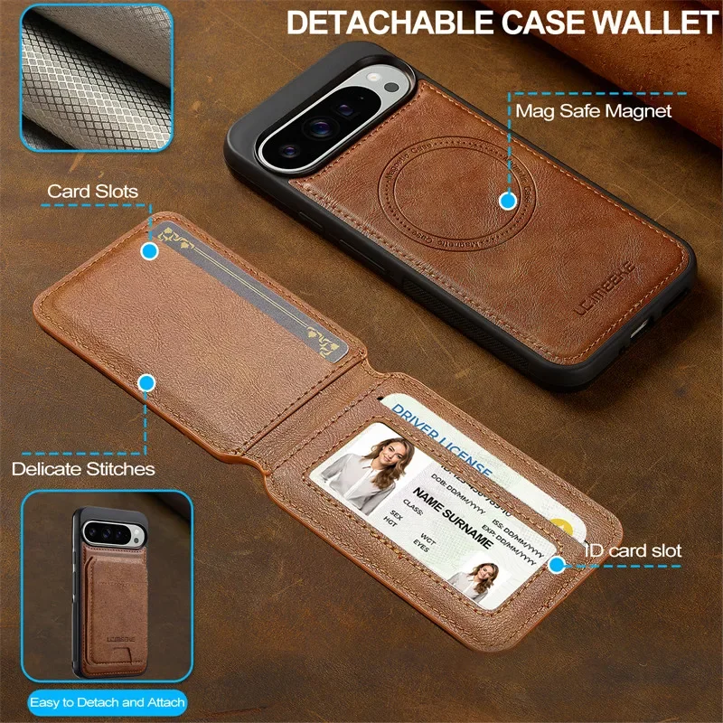 2 In 1 Magsafe Magnetic Flip Leather Phone Case for Google Pixel 9 Pro XL 8 7 Pro 8A 7A Wallet Card Pocket Back Cover Coque Etui