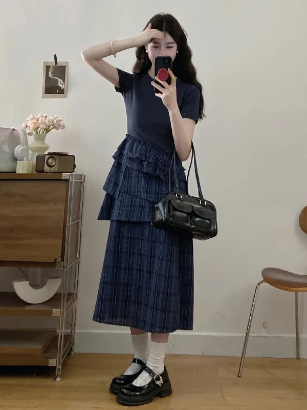 Grande taille coréenne Sle Faionable k bleu oulder longueur Dr femmes été jupe à carreaux épissage T-shirt Dr a-ligne jupe