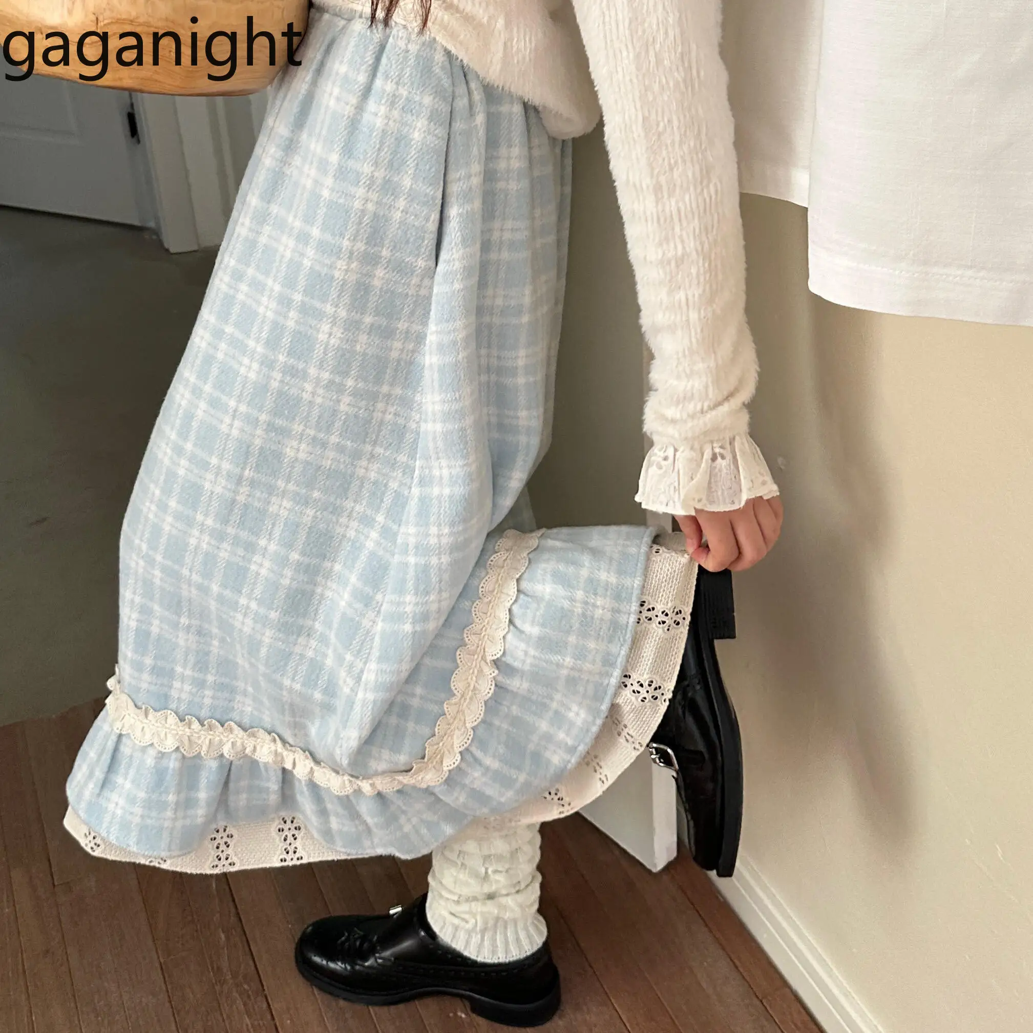 Gaganight Women Blue Plaid Woolen Retro Plaid Lace Skirt 2024 Autumn Winter New High Waist Slimming A-line Mid Length Long Skirt