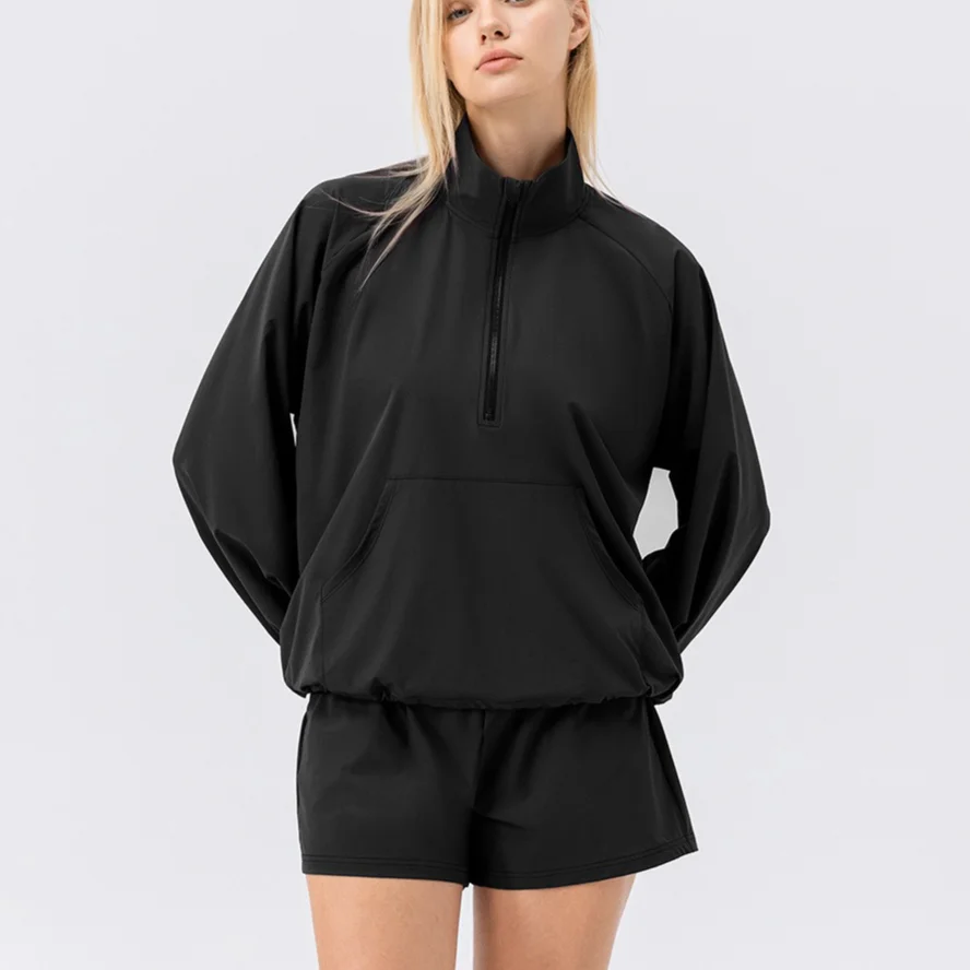 Autumn Women Quick Dry Fitness Outfits 2 Pieces Loose Stand Collar Zip Jacket Sweatshirt Running Shorts European American Casual
