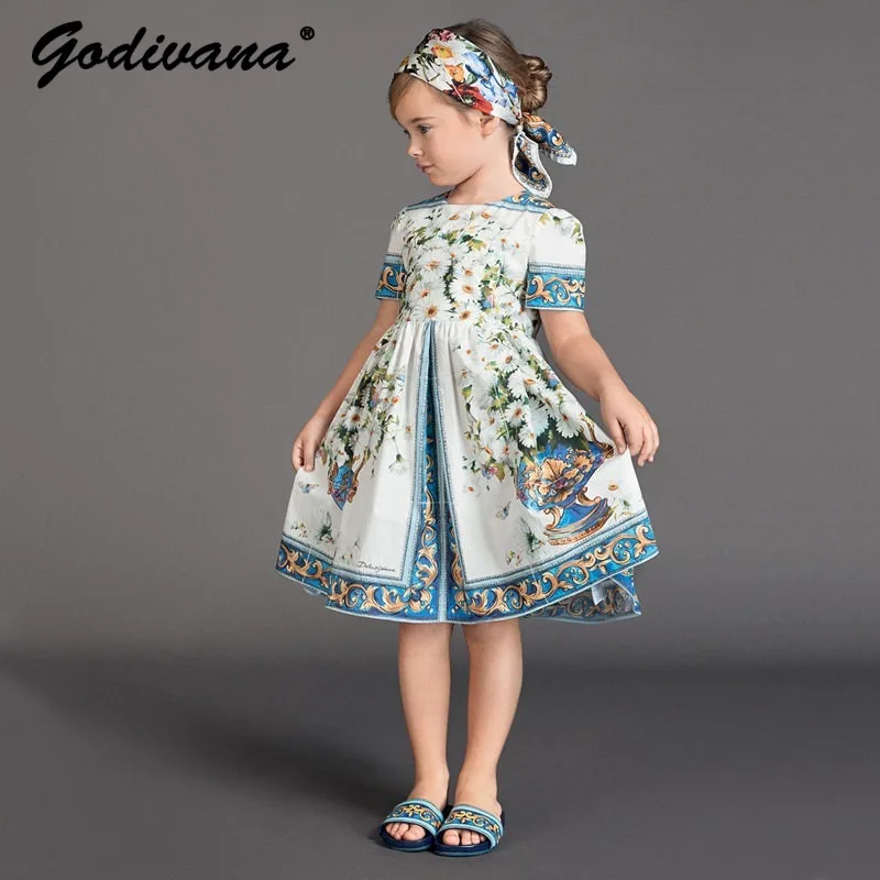 2026 Spring and Summer New Elegant Royal Court Style Baby Girls Dress Sweet Print High Waist Mid-sleeve A-line Princess Dress