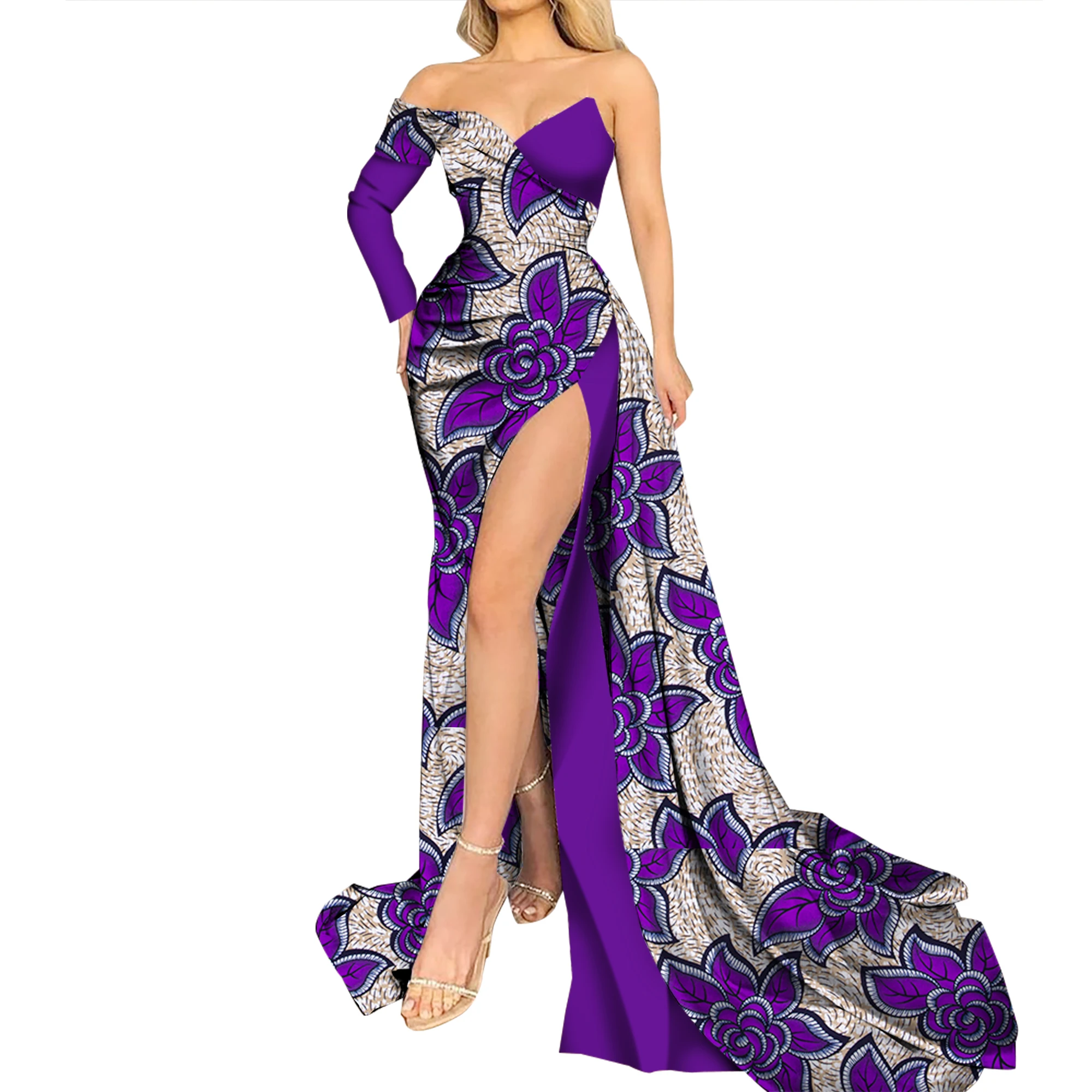 فستان ماكسي أفريقي للنساء كم واحد بدون أكتاف فستان الحفلات طول الأرض فساتين مطبوعة أفريقية رداء أفريقي نسائي WY9914