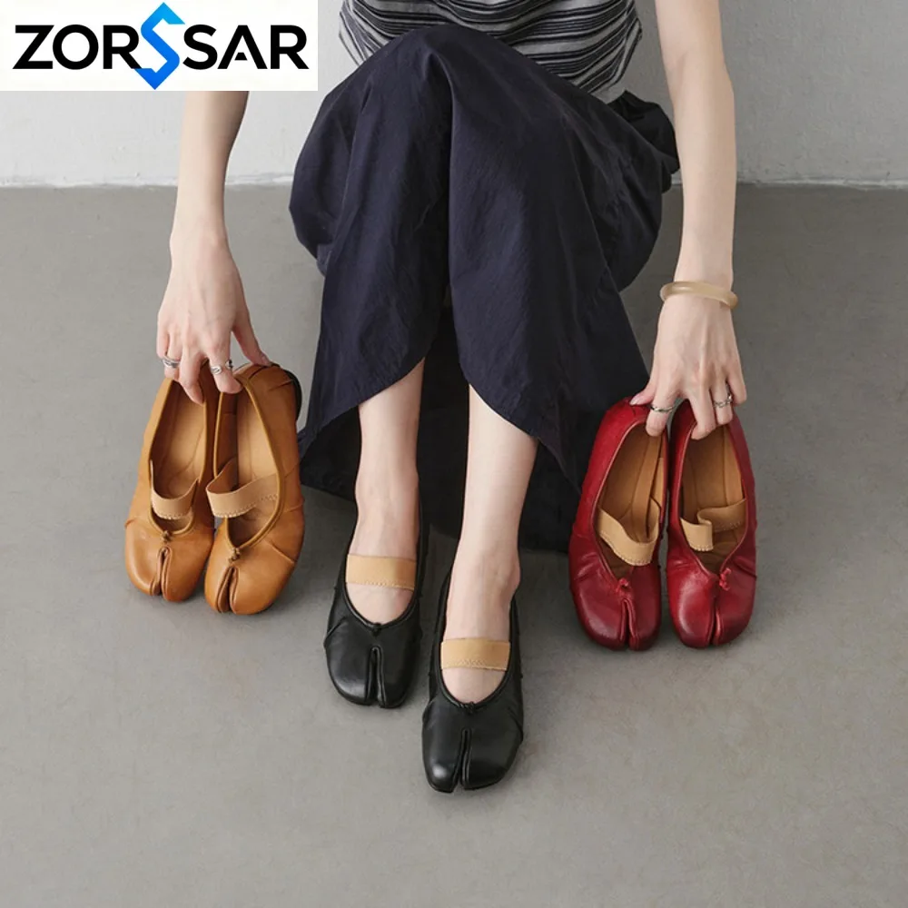 Novelty Split Toe Flat Shoes Woman Quality Leather Mary Janes Japanese Style Trotters Flats Ankle Bele Tabi Ninja Loafers Women