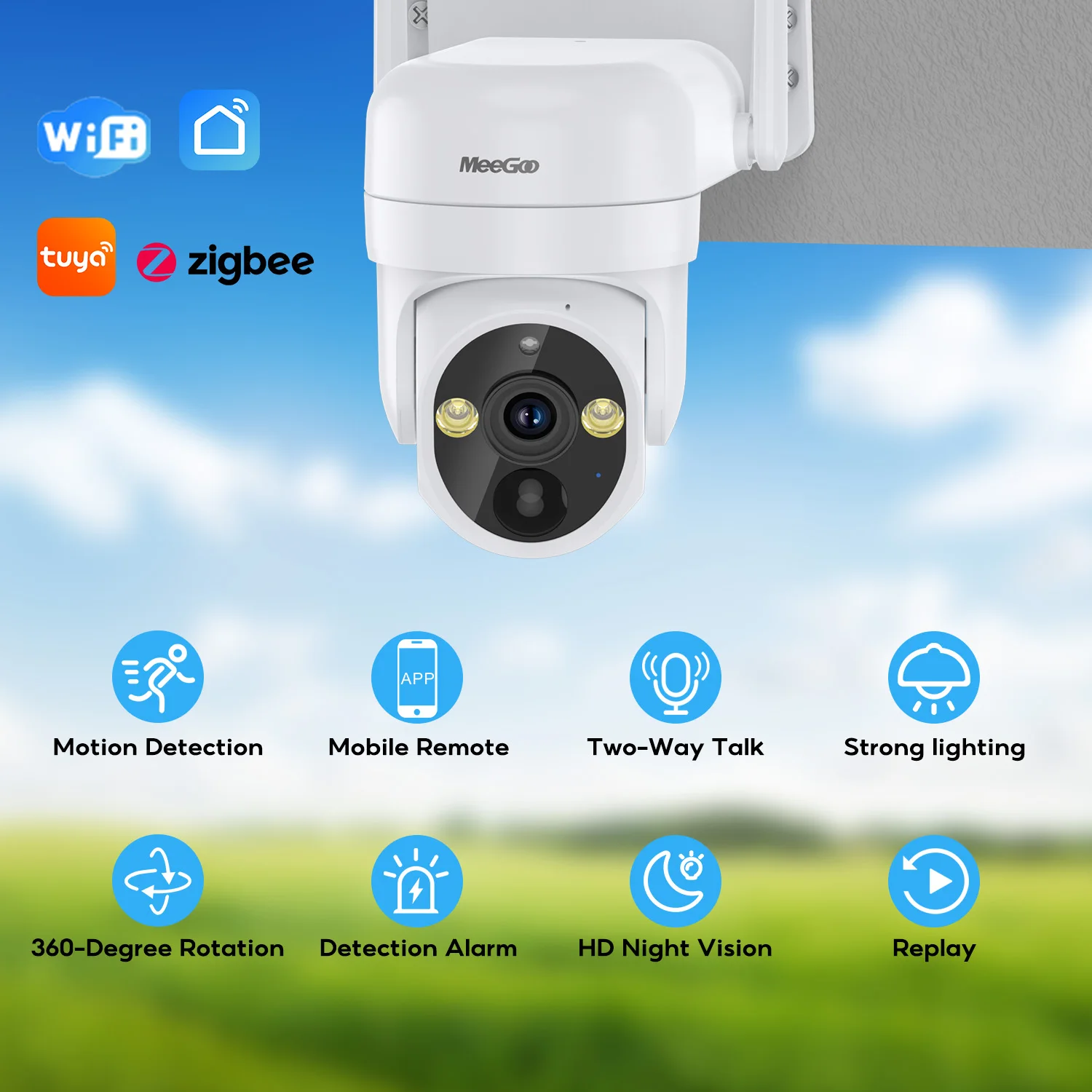 MEEGOO 4MP WiFi Outdoor Camera, 355° PTZ, 5m Night Vision, Solar Powered, 4000mAh Battery, Tuya Smart IP65 Waterproof, White