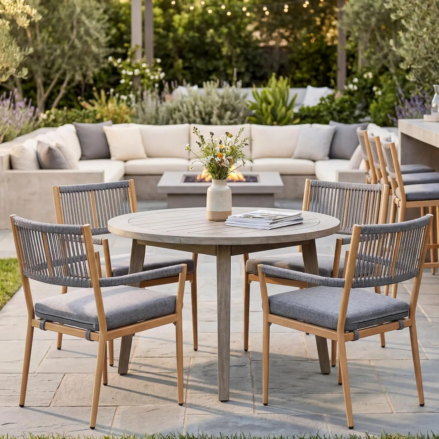 Outdoor Dining Chair Rope Back Armrest Patio Set 2 Metal Frame Cushion Seat Garden Deck, Customized