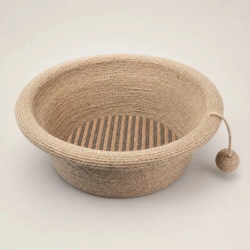 Oval Cork & Sisal Cat Bed with Hanging Ball - Light Beige Scratchable Nest Eco Pet Furniture