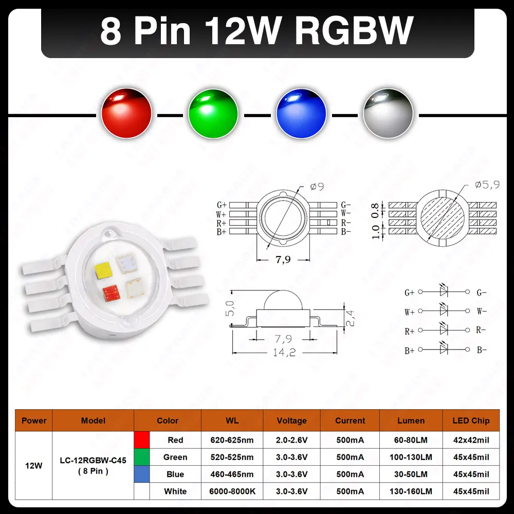 Super Bright 4W 12W RGBW RGBWW RGBV RGBY LED Chip COB 3W Red Green Blue White Yellow Purple DIY Stage DJ DMX Light Lamp Bar Bulb