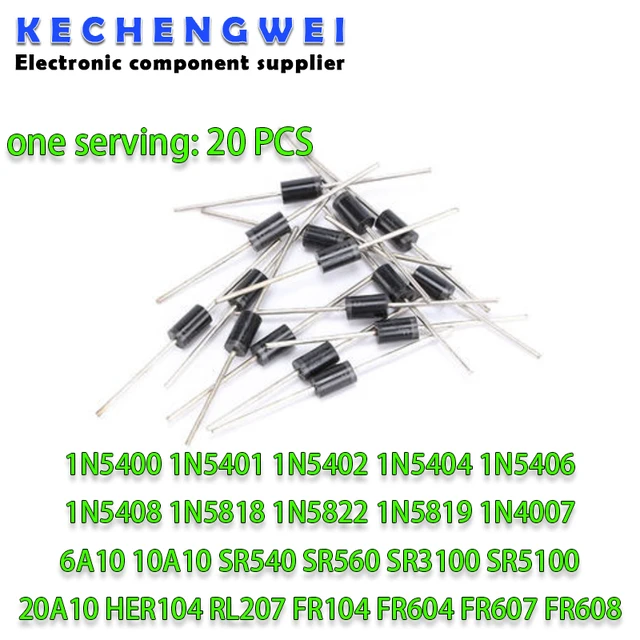 20PCS Dioda prostownicza 1N5408 1N5404 1N5401 1N5822 1N5818 1N5400 1N5406 1N5402 10A10 FR604 FR607 FR608 3A 6A200V 400V 600V 800V
