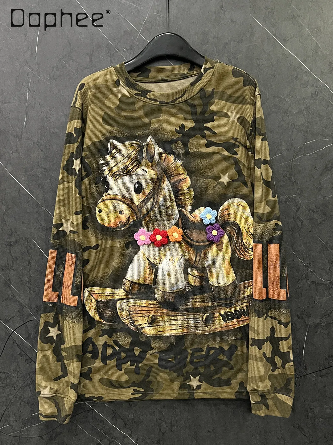 

2026 Year of the Horse Heavy Industry Pony Print Long Sleeve T-Shirt for Women Loose Casual Mid-Length New Year Top Sweatshirts