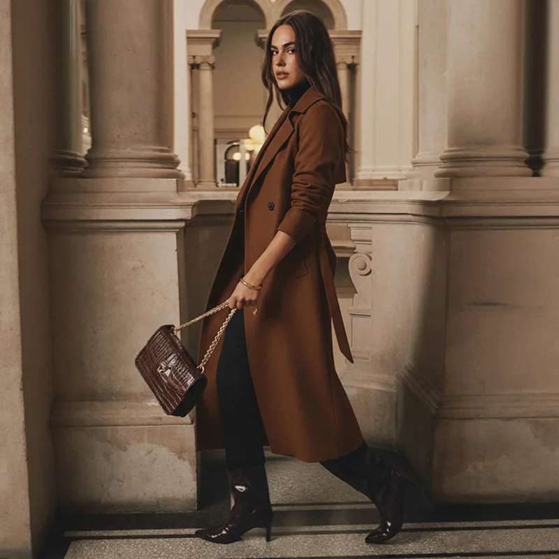 2026 Women Coats Lace Up Wool Long Jackets Turn Down Collar Long Sleeves Single Breasted Straight Work Spring Casual Autumn
