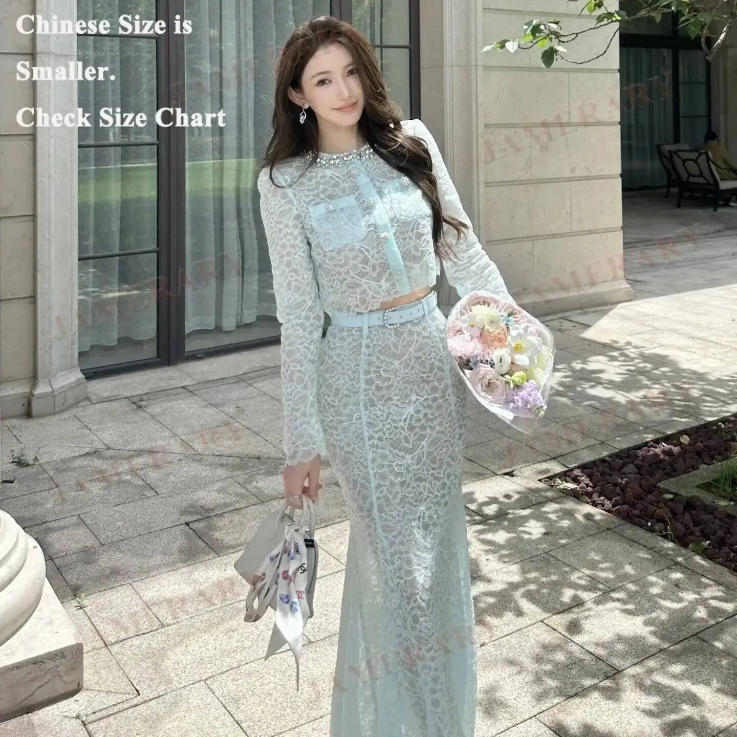 

Elegant Summer Mint Green Lace Two-piece Dress Sets Women Embroidery Rhinestone Hollow Blouses Maxi Fishtail Skirts 2pcs Outfit