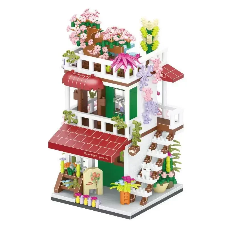 Loz-Folding Building Blocks Toy, DIY Coffee Shop, Leji Ideal Flower House, Street View, Building Block Puzzle, Assembly Toy, Decoração