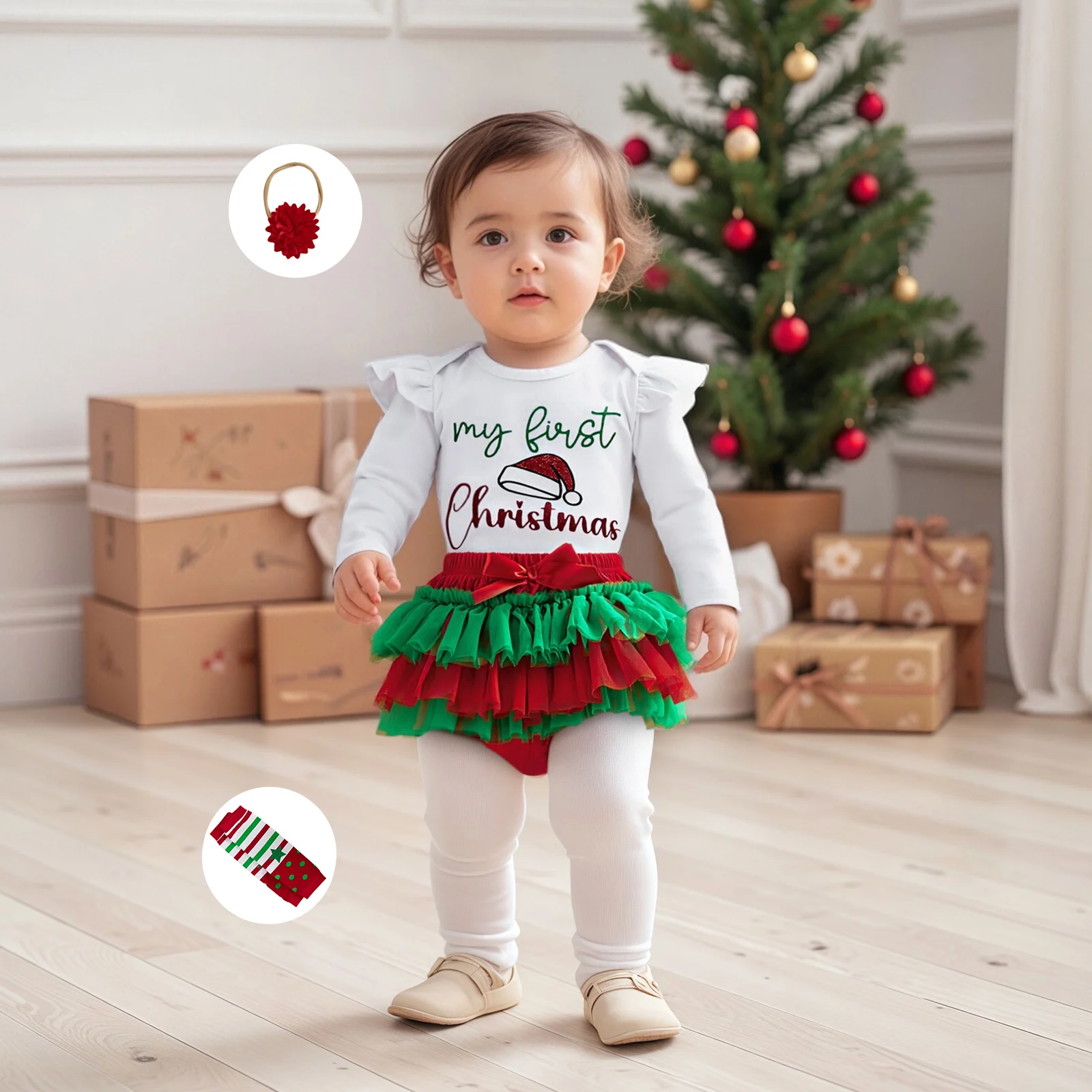 طفلة عيد الميلاد 4 قطع الزي، طويلة الأكمام طاقم الرقبة خطابات طباعة رومبير مع الطبقات شبكة السراويل عقال تدفئة الساق #1