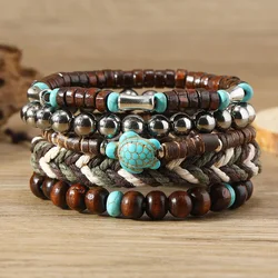 Turquoise Turtle Retro Ethic Men's Bracelet Bead Wooden Bracelet Trendy Jewelry Multi-Layer Beaded Braided Cuban Chain