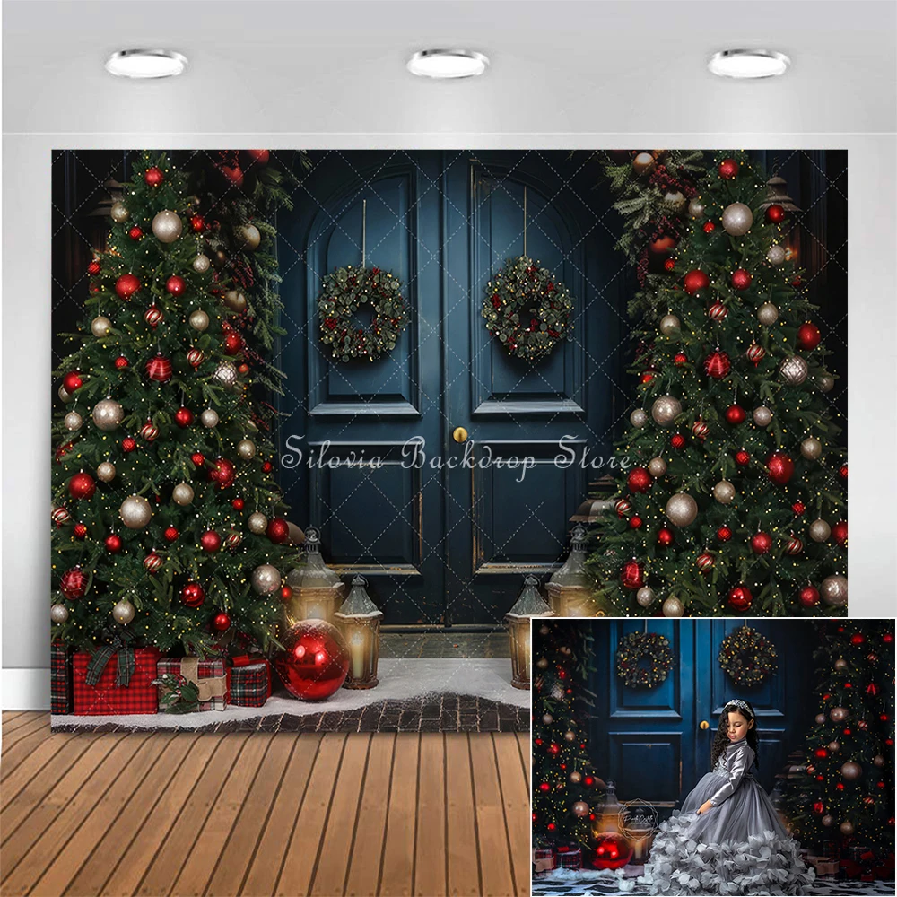 

Dark Blue Christmas Door Photo Background Kids Adult Portrait Photography Backdrop Xmas Tree Red Ball Decor Photo Studio Props