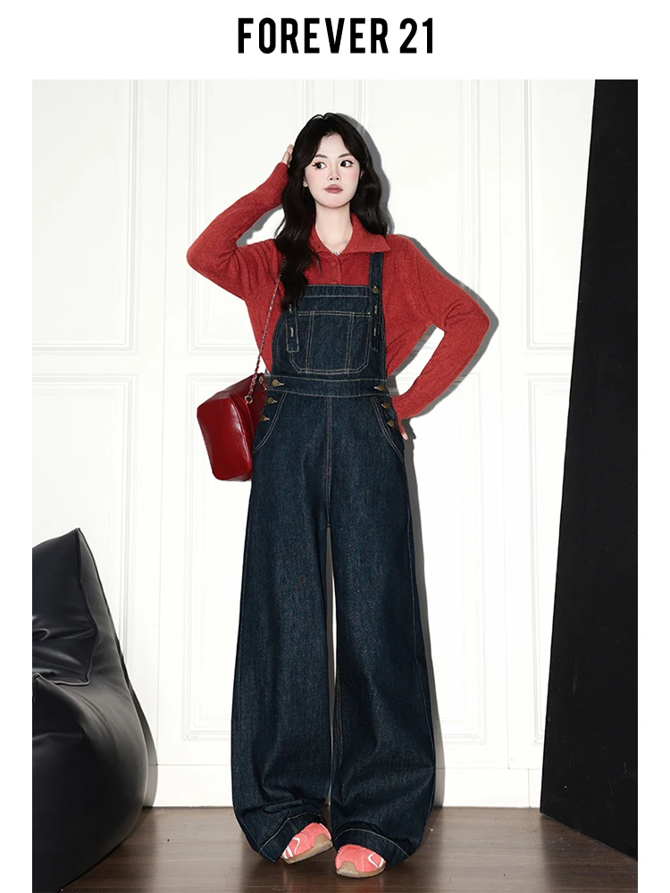 Forever 2 American Sle salopette en jean à jambes larges pour femme Anti-âge polyvalent ample coupe droite jean bleu