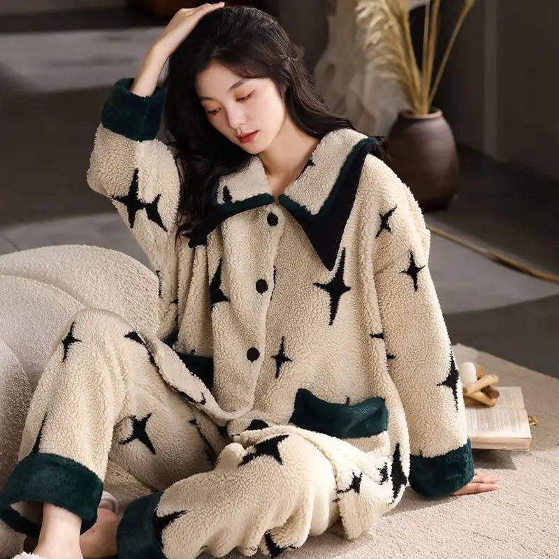 Pajamas Female Extra Fleece and Thicker New Coral Velvet Autumn and Winter Flannel Thermal Suit Loungewear Winter Loose Soft