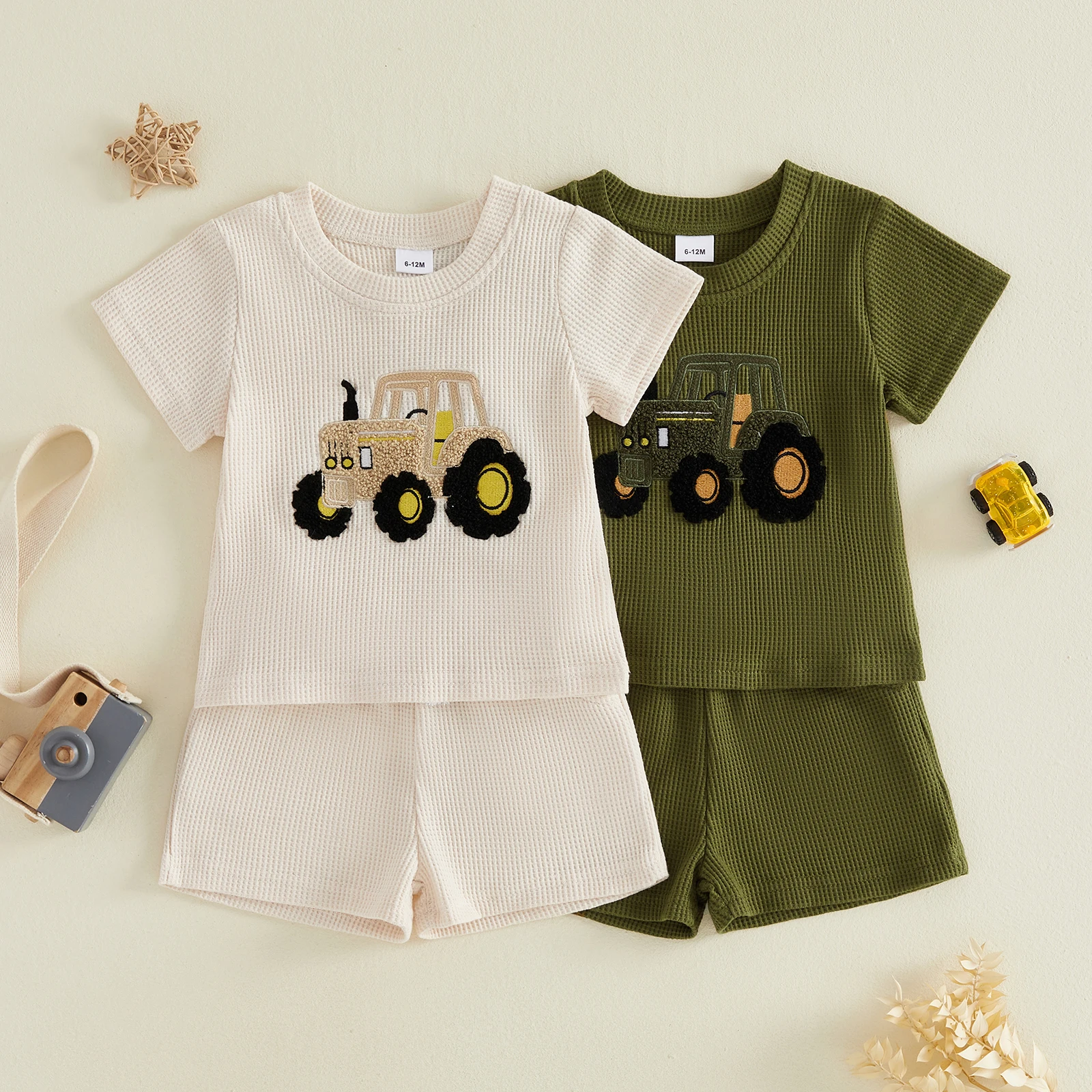 1-5Y Little Boys Summer Outfits Adorable Tractor Embroidery Short Sleeve Round Neck t Shirt Tops Shorts  Boys Clothing Set