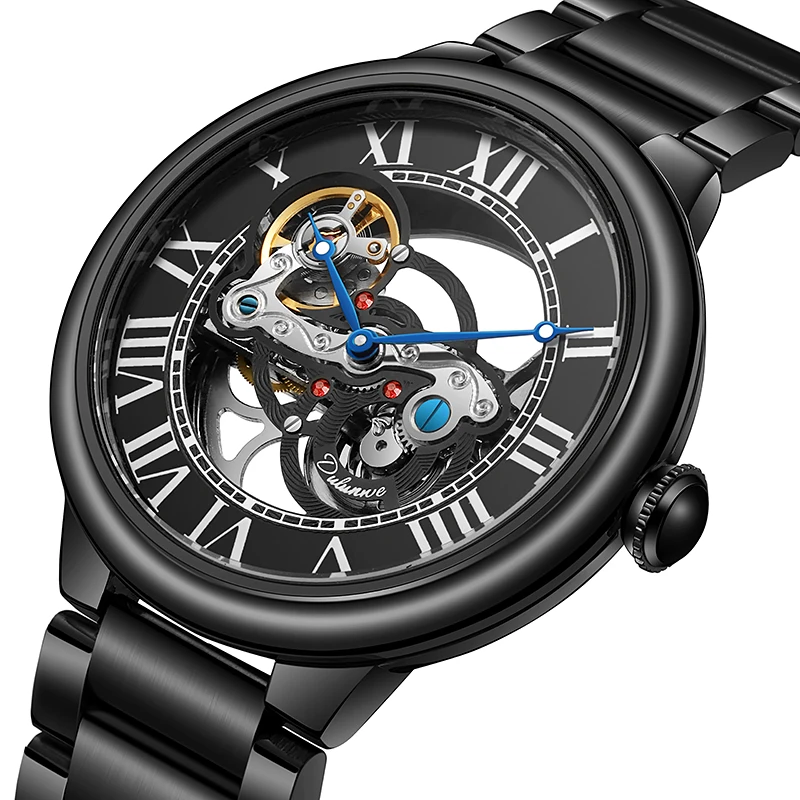 Hollowed Mechanical Wristwatch 30M Waterproof Watch Men Automatic Transparent Skeleton Mechanical Watch Black Steel Male Clock