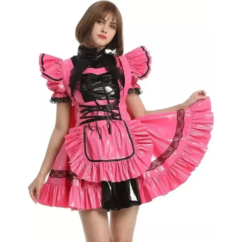 

Sissy Girl pink Pvc Lockable dress French maid cosplay costume Customized