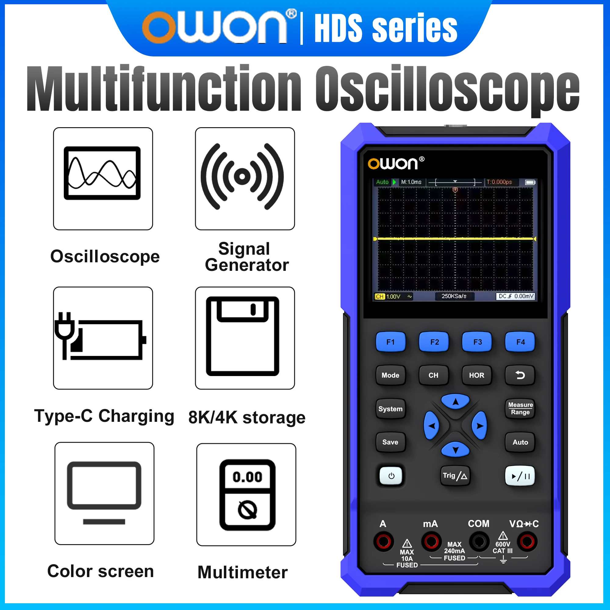 OWON 40MHz 70MHz Single Channel 3-in-1 Handheld Multi-function Digital Oscilloscope 250Msa/s + Multimeter + Waveform Generator