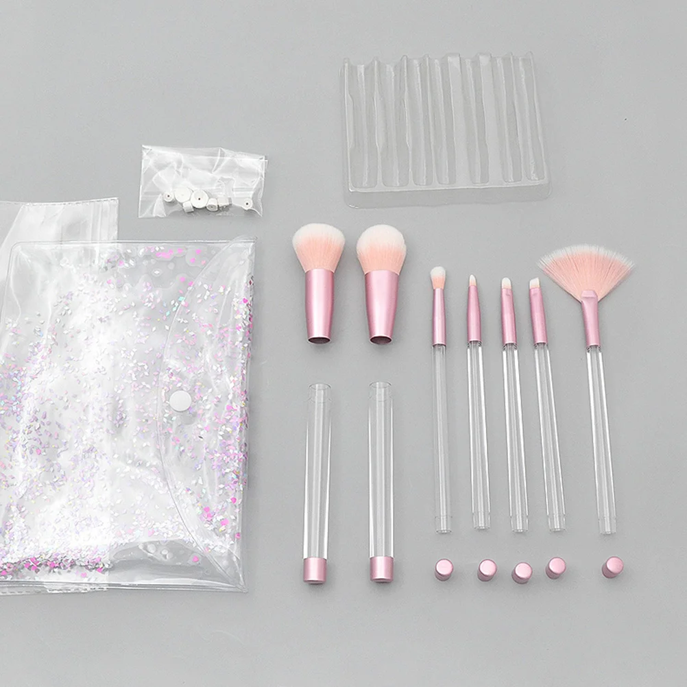 7pcs Transparent Crystal Makeup Brush Set with Empty Handle DIY Sand Make up Tool(#4 Empty Tube Transparent Handle Pink