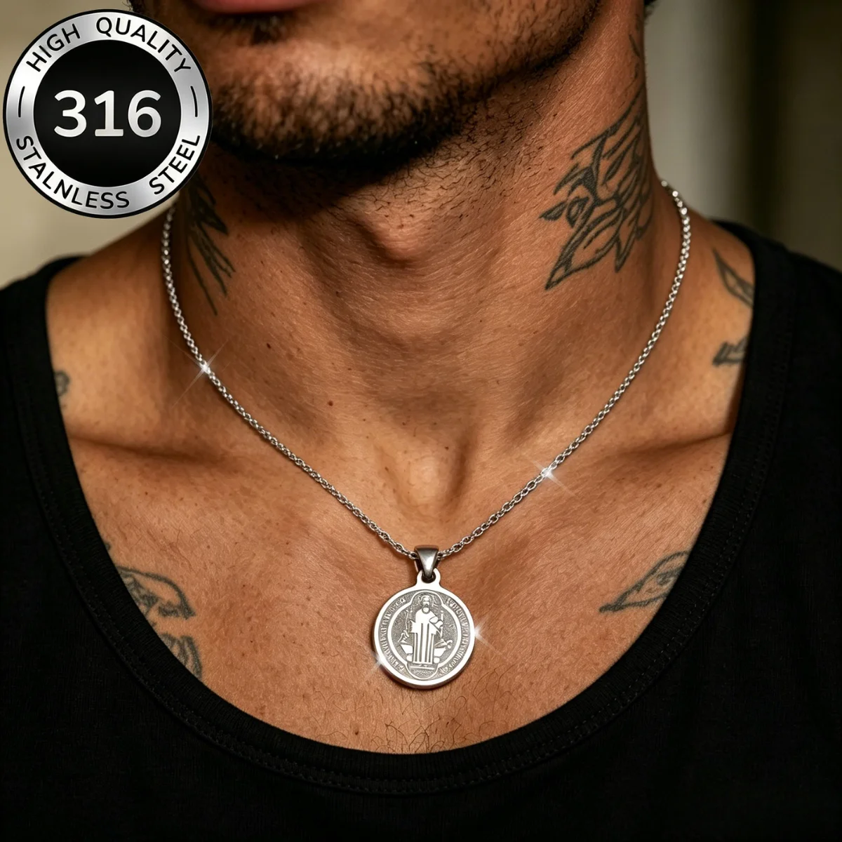 New Trendy Saint Benedict Medal Pendant Necklaces Stainless Steel Amulet Double-sided Exorcism Cross San Benito Charms Collares