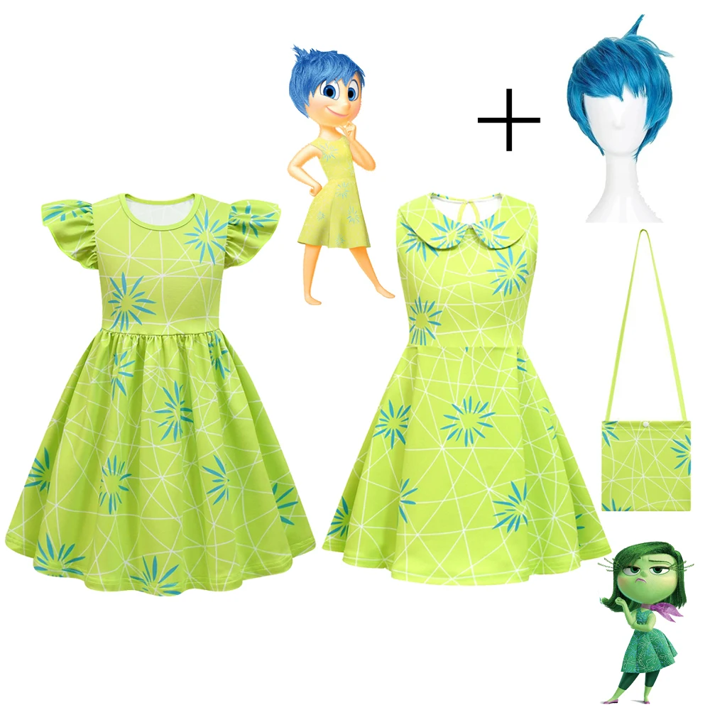 Inside Out Disgust Cosplay Costumes Inside Out2 Joy Inspired Dress Bag Wig Suits Kids Halloween Roleplay Clothes Party Vestido