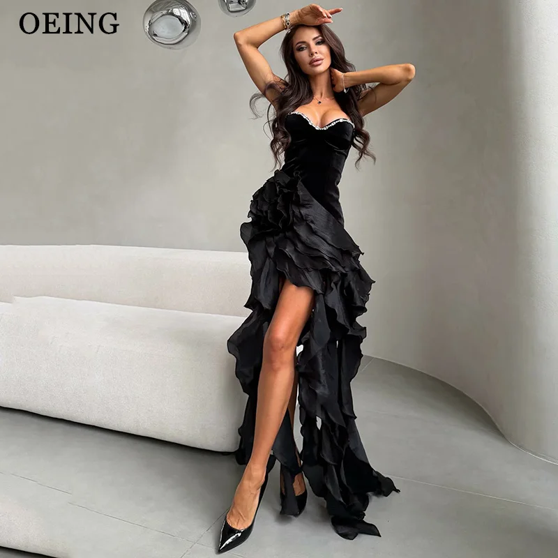 

OEING Sexy Mermaid Prom Dress Black Sweetheart Beading Gala Asymmetrical Party Dress Mini Bodycon vestidos Customized