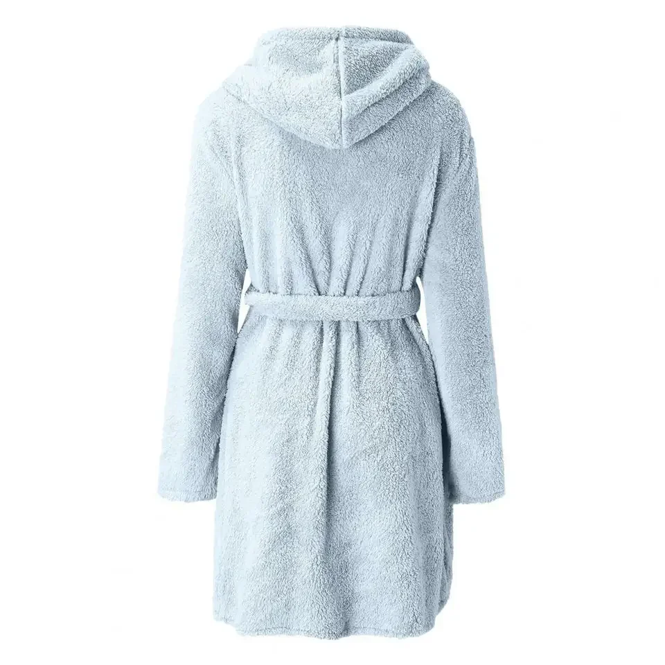 Women's Winter Casual Plush Robe Solid Color Matching Double Pocket Strappy Nightgown Fuzzy Bathrobe Coats Home Clothed Ladies