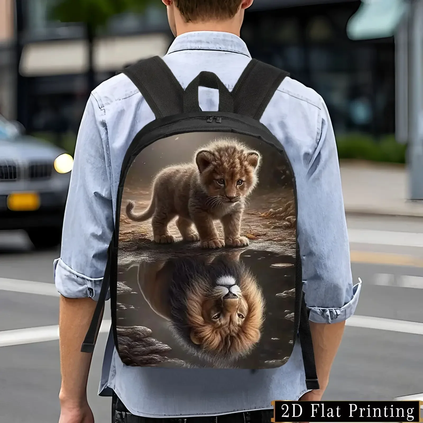 Custom Stylish Casual Backpack With Lion Cub & Reflection Print Lightweight Large Capacity Unisex Daypack, Adjustable Straps