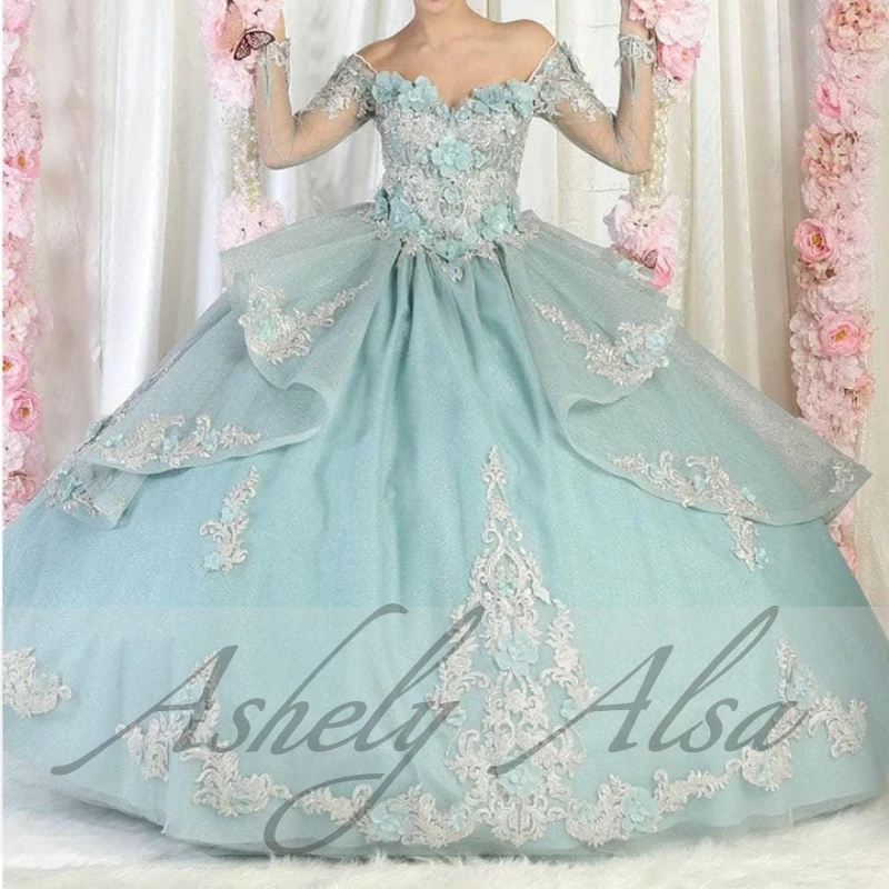 AAQ75 Customized Luxury Mexican 16th Girl Quinceanera Dress Long Sleeve Flower Puffy Party Prom Wear vestidos de 15 quinceañera