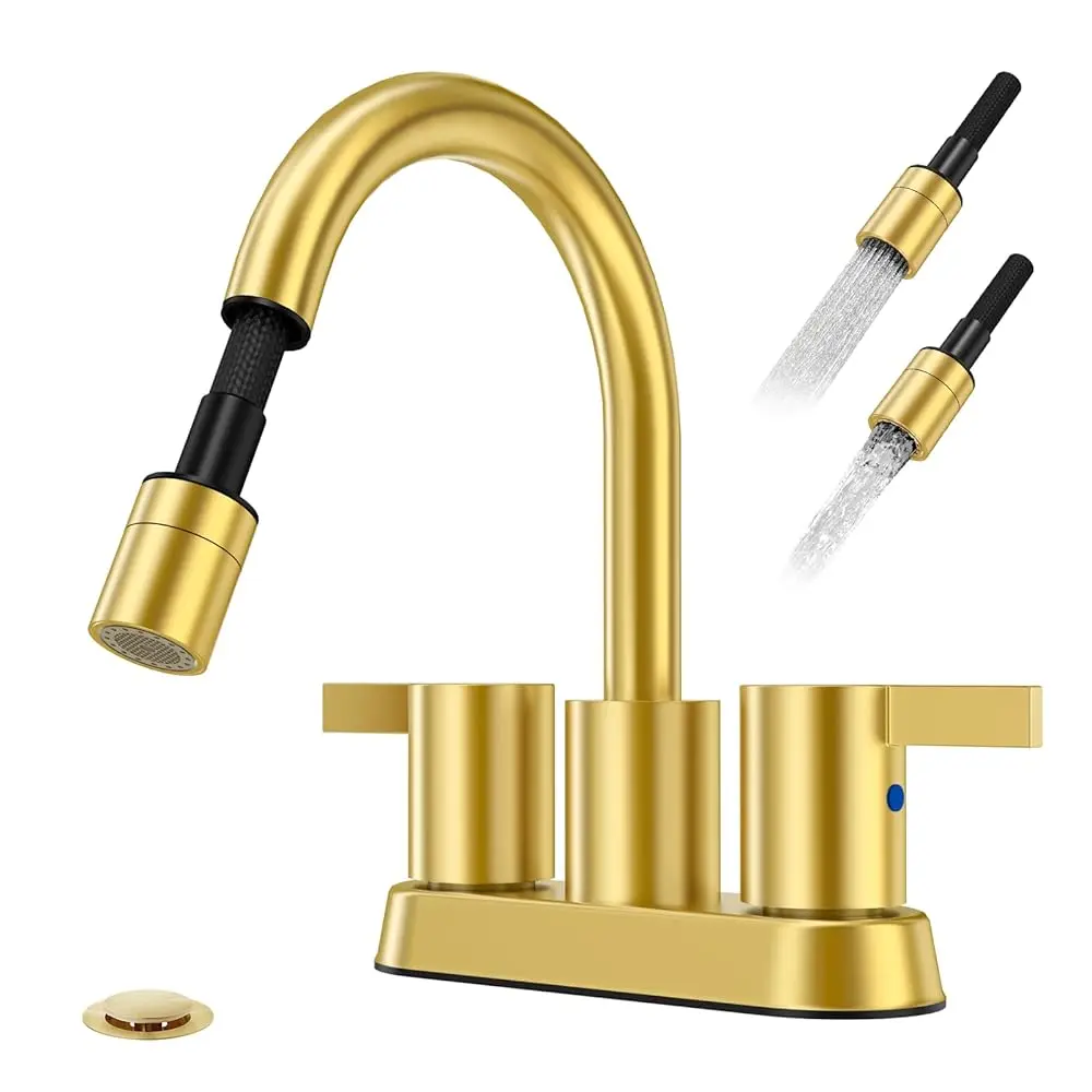 

Brushed Gold Utility Sink Faucet with Sprayers,Laundry Faucets with Sprayer 3 Hole Bathroom Faucet Pull Down