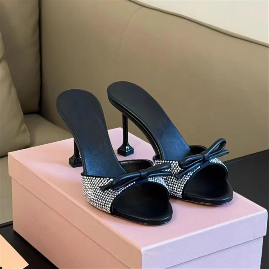 Designer Crystal Women Slippers High Heel Dress Shoes Woman Pumps 2024 Luxury Bowknot Ladies Sandals Runway Slides